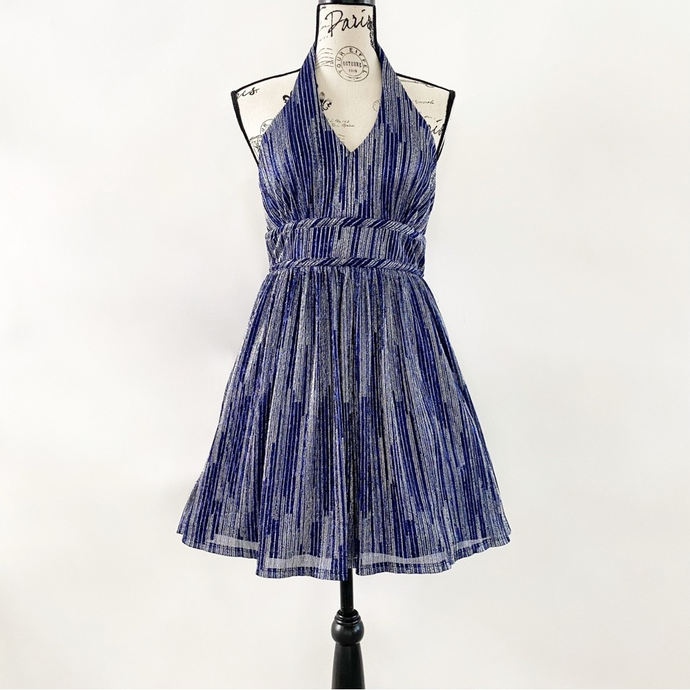 NWT City Studio Glitter Halter High Waist Fit & Flare Mini Dress Blue Junior 7